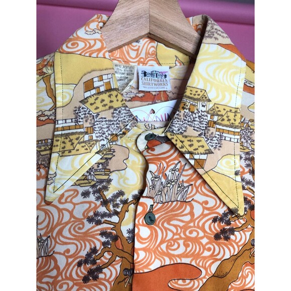 1970s CALIFORNIA SHIRT WORKS. Japanese Geisha Disco Printed Button. M. As Is - Picture 4 of 10